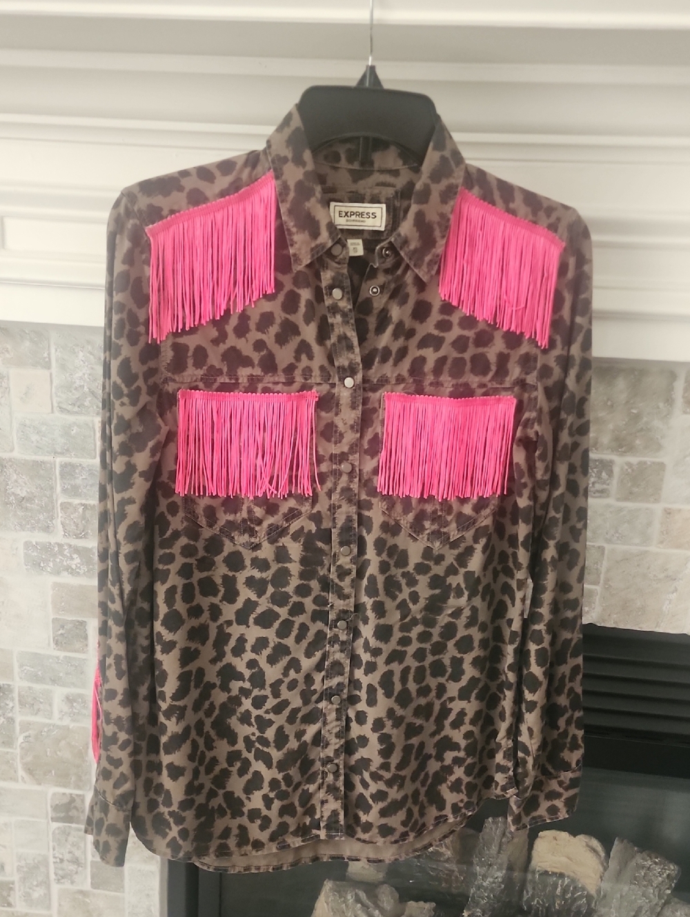 Express Leopard Print Button-Up Jacket with Hot Pink Fringe